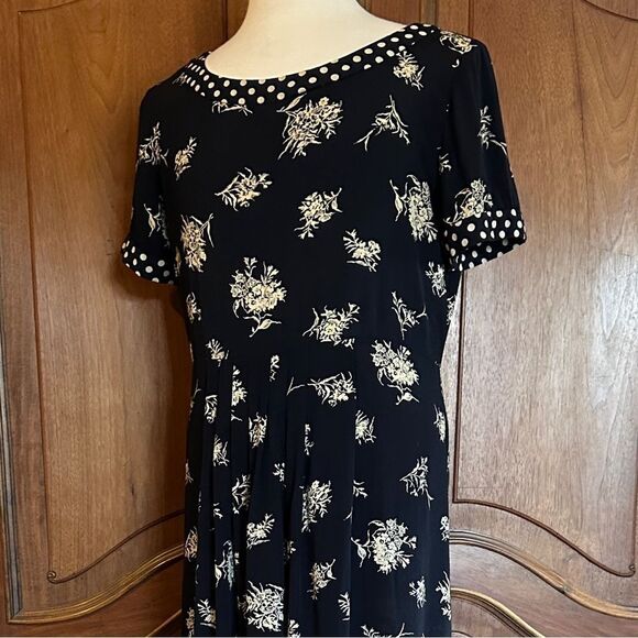 Vintage Dress Black & White Floral Mixed Print Midi Dress Plus Size 16 - Picture 4 of 11
